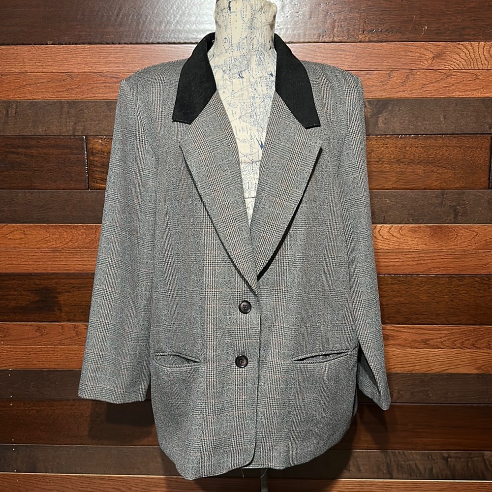 Vintage Alfred Dunner Cloverleaf Lapel Long Sleeve Gray Plaid Blazer
